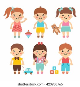 Funny kids - cute cartoon collection with sweet children. Boys and girls character with toys. Teddy, balloon, bricks, candy, whirligig and car. Simple and flat style.