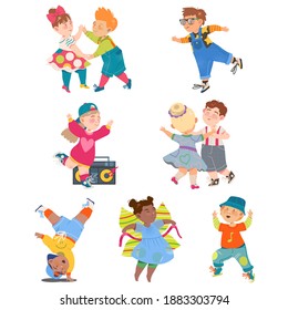 Funny Kids Dancing and Moving to Music Vector Set