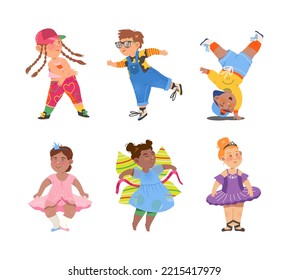 Funny Kids Dancing and Moving to Music Vector Set