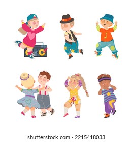 Funny Kids Dancing and Moving to Music Vector Set