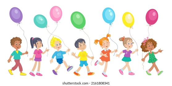 Funny kids of different nationalities are walking with colorful balloons in their hands. In cartoon style. Isolated on white background. Vector flat illustration.