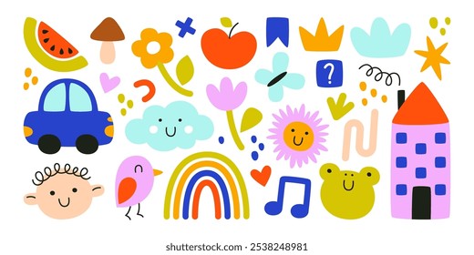 Garabatos divertidos de los niños, garabatos lindos de los niños, figuras funky aisladas dibujadas a mano conjunto infantil. Ilustración vectorial de flores, frutas, juguetes, Elementos de Clima del arco iris y de la nube, corona, bebé y cabezas de animales