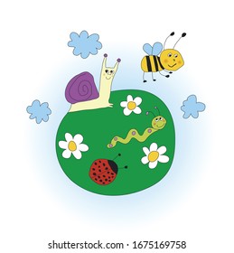 Funny kids drawing with bugs