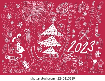 Funny kids drawing with symbol of chinese new year 2023 in trendy color of the year viva magenta. Naive scribble style collection for merry Christmas and happy new year. Vector illustration