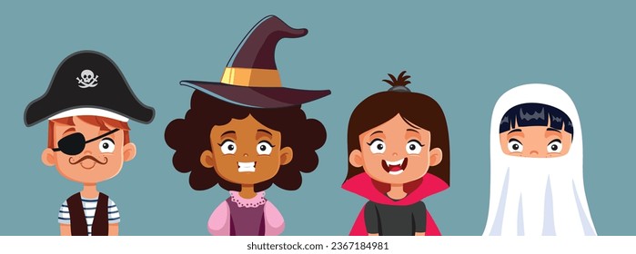 
Niños divertidos vestidos con la ilustración de la caricatura vectorial de los disfraces de Halloween. Cartel con un grupo de amigos disfrazados para una fiesta de disfraces
