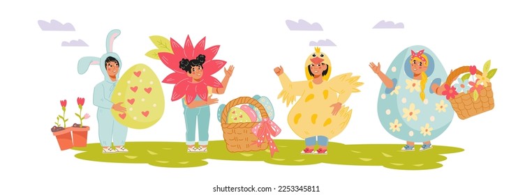 Funny kids at Easter party in carnival costumes of bunny and chick, flat vector illustration isolated on white background. Children characters at Easter eggs hunt.