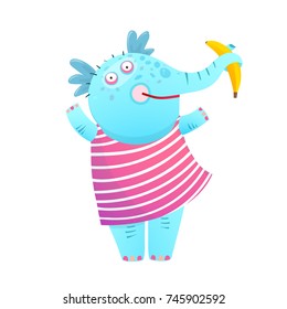 Funny Kids Elephant Eating Banana in Dress. Colorful blue African animal for children. Vector cartoon.