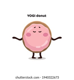 Funny kid's emoji banner of pink glazed donut  is making yoga. Donut character, mascot, illustration, sticker.