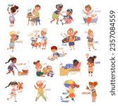 Funny Kids Engaged in Different Activities Demonstrating English Verb Big Vector Set