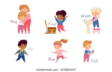 Funny Kids Engaged in Different Activities Demonstrating Verb Vector Set