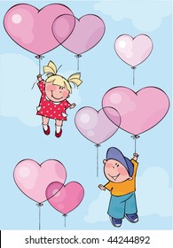 Funny kids fly by pink balloons