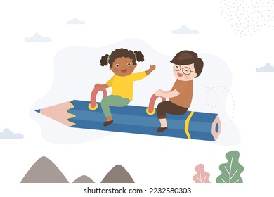 Funny kids flying on colorful pencil. Multiethnic schoolgirl and schoolboy riding pencil rocket on sky. Cartoon banner, back to school, education concept. Flat vector illustration