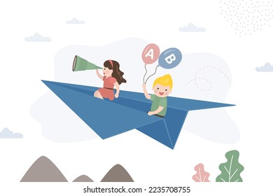 Funny kids flying on paper plane. Caucasian schoolgirl and schoolboy riding origami airplane on sky. Exploration, creativity, back to school, education concept. Communication, talking. Flat vector