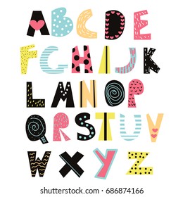 Funny kids font. Cute alphabet for education or decor. Vector hand drawn illustration.