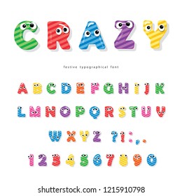 Funny kids font with eyes. Cartoon glossy colorful letters and numbers.