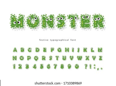 Funny kids font with eyes. Cartoon monster fluffy colorful letters and numbers. Halloween design. Vector illustration