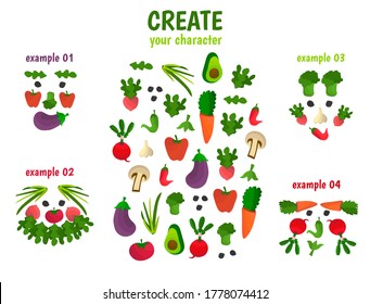 Funny kids game - Create your character. Veggies creatures made from vegetables: carrot, beetroot, garlic, pepper, radish, aubergine, broccoli. Cute fellows faces with eyes, beard, cheeks, nose.