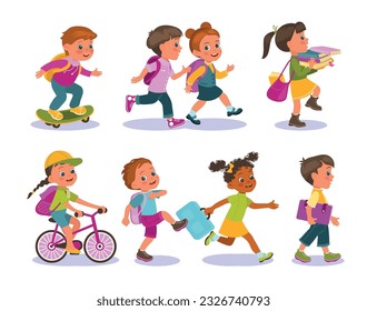 Funny kids get to school. Students with backpacks go and run for lessons. Children ride bikes or skateboards. Girls and boys walk by foot. Teens carry books and bags