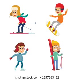 Funny Kids Go Skiing, Snowboarding And Skating. Vector Illustration Isolated On White Background.