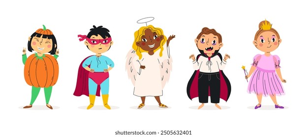 Funny kids in halloween costumes vector illustration. Happy and cute carnival children set. Pumpkin, superhero, angel, vampire and princess. For stickers, kids design, holiday banners