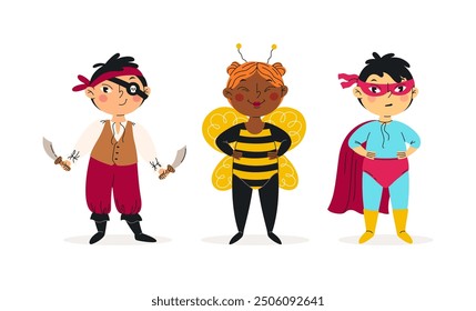 Funny kids in halloween costumes vector illustration. Happy and cute carnival children set. Pirate, bee and super hero. Characters design. For stickers, kids design, holiday banners