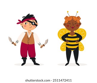 Crianças engraçadas em trajes de halloween ilustração vetorial. Feliz e bonito carnaval crianças set. Pirata e abelha. Desenho de personagens. Para adesivos, design infantil, banners de férias