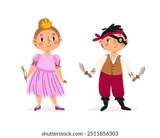 Funny kids in halloween costumes vector illustration. Happy and cute carnival children set. Pirate and princess. Characters design. For stickers, kids design, holiday banners