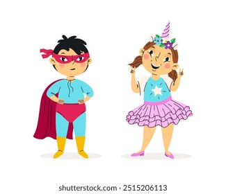 Funny kids in halloween costumes vector illustration. Happy and cute carnival children set. Super hero and unicorn. Characters design. For stickers, kids design, holiday banners