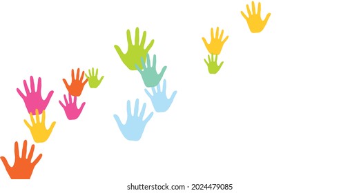 Funny kids handprints nursery games concept vector illustration. Child paint hand prints art therapy background. Kids group handprint silhouettes.