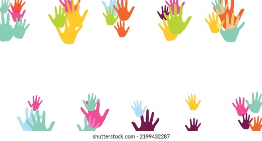 Funny Kids Handprints Nursery Games Concept Vector Illustration. Child Paint Hand Prints Play And Joy Background. Children And Adult Handprints, Palms With Five Fingers Isolated.