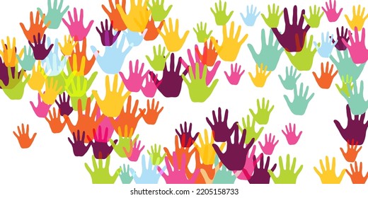 Funny kids handprints nursery games concept vector illustration. Child paint hand prints games background. People handprints in pain of different color.