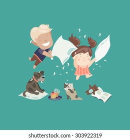 Funny Kids Having A Pillow Fight. Vector Illustration