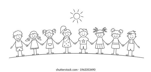 Funny Kids Holding Hands. Happy Doodle Children. Friendship Concept. Vector Illustration In Hand Drawn Style On White Background