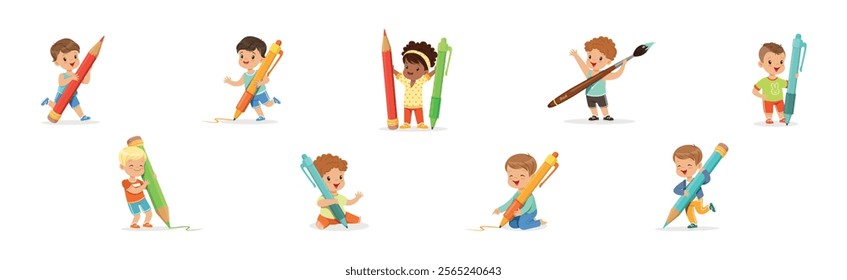 Funny Kids with Huge Paint Brush and Pencil Vector Set