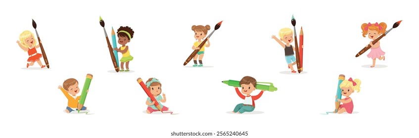 Funny Kids with Huge Paint Brush and Pencil Vector Set