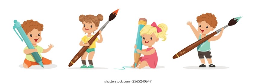 Funny Kids with Huge Paint Brush and Pencil Vector Set