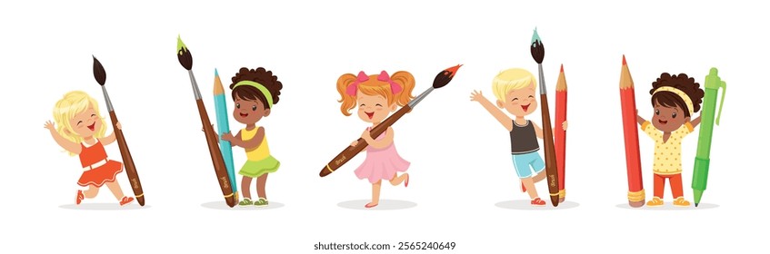 Funny Kids with Huge Paint Brush and Pencil Vector Set