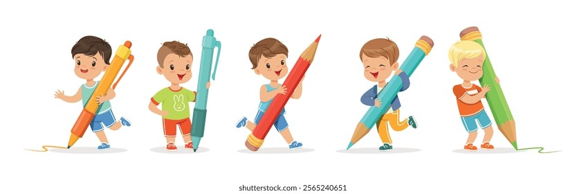 Funny Kids with Huge Paint Pen and Pencil Vector Set