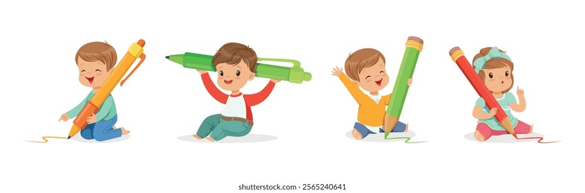 Funny Kids with Huge Pen and Pencil Vector Set