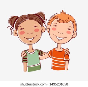 Funny kids hugging. Children becoming friends 