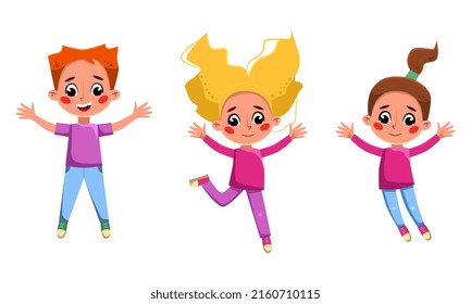 Funny kids jumping. Happy girls and boy having fun together cartoon vector illustration