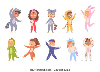 Funny kids in kigurumi set vector illustration. Cartoon isolated girls and boys in carnival overalls for pajama party and sleepover, collection of young characters dancing, holding toys and pillow