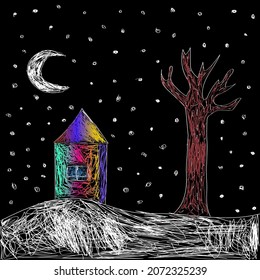 Funny kid's like drawing vector illustration of a snowy winter house and a tree