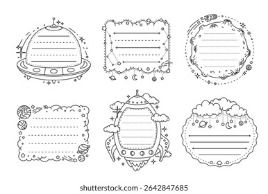 Funny kids memo note frames with galaxy space, ufo and planets. Vector set of outlined writing templates with cute rockets, aliens, stars and clouds for children printable notes or school sheets