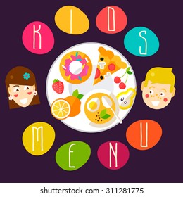 Funny kids menu template with healthy food, tasty desserts and ripe fruits on a big plate. Fully editable vector illustration. Perfect for restaurant illustrations