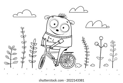 Un monstruo divertido de niños montando una bicicleta en la naturaleza con flores. Página de coloreo infantil, dibujo animado en blanco y negro. Ilustración vectorial.