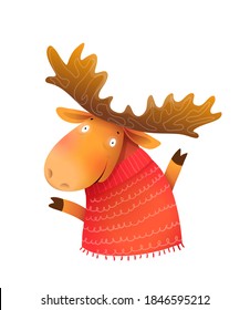 Funny kids moose or elk wearing knitted sweater, wintertime and Christmas Kids greeting card character. Kids cheerful animal illustration, vector cartoon in watercolor style.