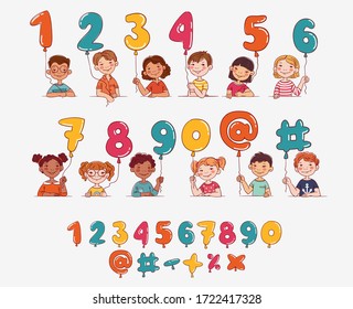Niños divertidos con un número de globos. Colección vectorial de chicos y chicas lindas. Grupo multiétnico de niños felices. Diferentes iconos de caricatura
