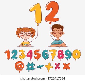 Niños divertidos con un número de globos. Colección vectorial de chicos y chicas lindas. Grupo multiétnico de niños felices. Diferentes iconos de caricatura