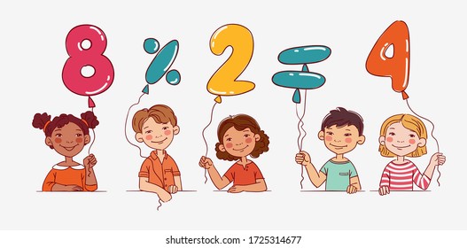Funny kids with number balloons. Vector cute boys and girls collection. Multi-ethnic group of happy children. Different cartoon faces icons